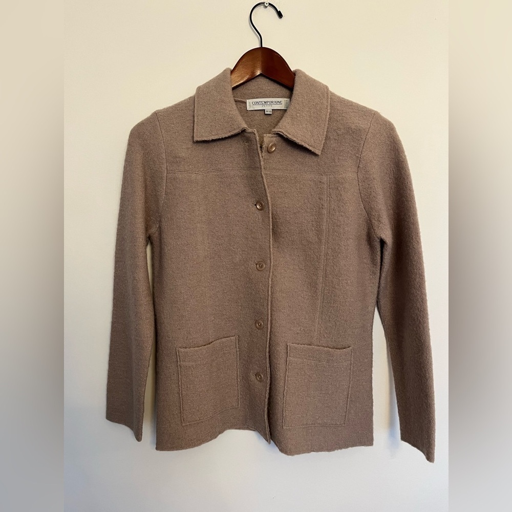 La Contemporaine 100% Wool Taupe Collared Cardigan Jacket XS - Picture 2 of 6